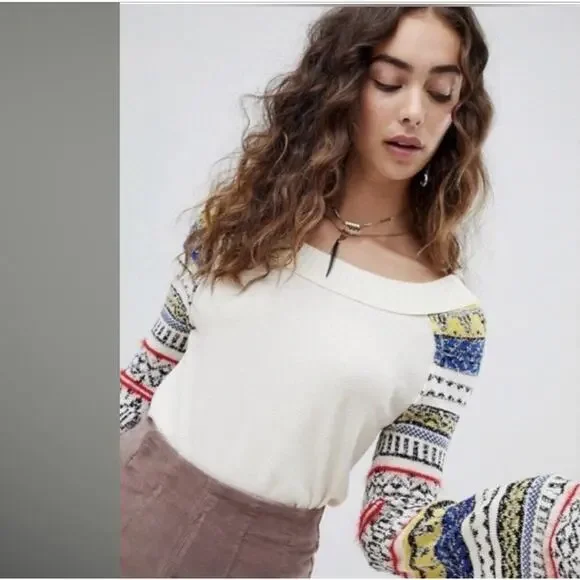 Free People Fairground Thermal Folk Boho Cream Long Bell Statement Sleeve Top XS - Picture 10 of 10